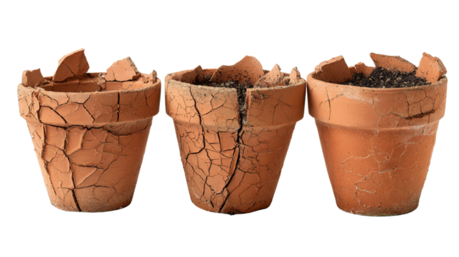 Three aging terracotta pots demonstrating wear and damage against an isolated transparent field,