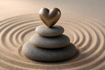 Zen stones balanced with metallic heart on top, symbol of wellness, meditation, harmony and inner peace in a minimal setting.