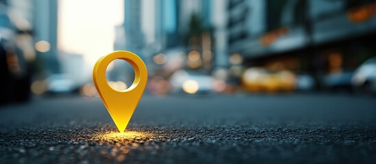 Illuminated yellow location marker on city street