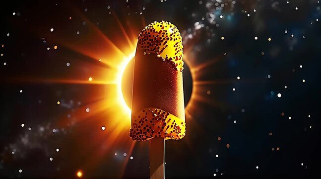 A golden, cosmic-themed ice cream pop silhouetted against a solar eclipse.