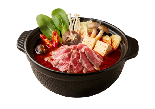 Aromatic hot pot featuring sliced beef, mushrooms, and vegetables in a dark ceramic pot.
