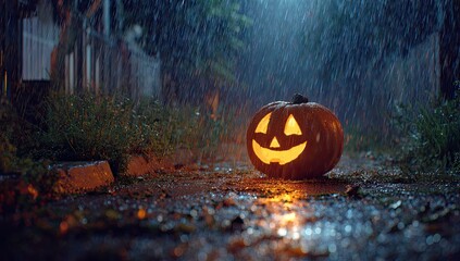 Jack-o'-lantern in a rainy alleyway.  A carved pumpkin glows warmly amidst a downpour, casting an ethereal light on the wet ground.  Spooky, Halloween