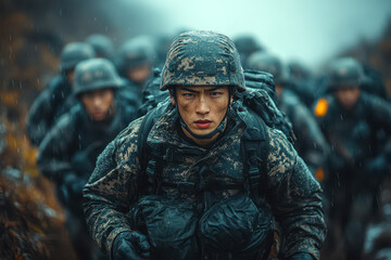 A group of Asian soldiers in military attire navigates steep and difficult terrain during a training drill
