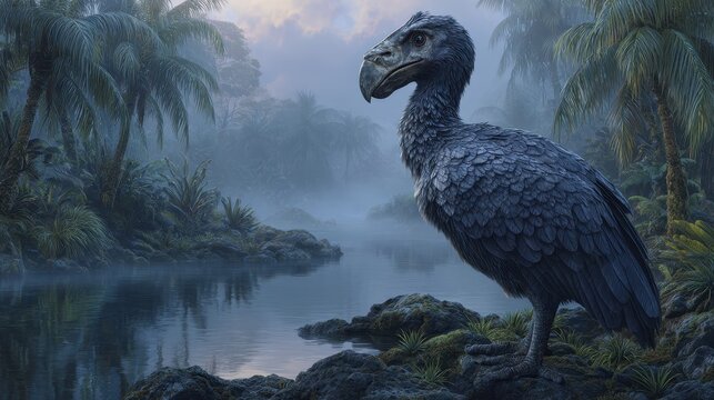 Prehistoric Bird in Misty Jungle Landscape