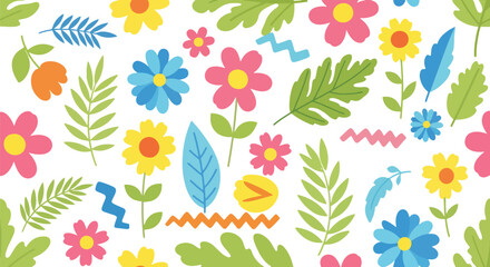 Adobe illustrator artwork vector illustration. A playful, seamless pattern featuring abstract leaves, flowers, and geometric shapes in a fresh, cheerful color palette, perfect for modern designs