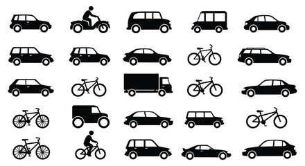 Black silhouettes of various vehicles and bicycles on a white background