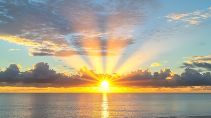 Golden sunrise over a calm ocean horizon captured in 4K, mirrorless body paired with 35mm f1.4 lens, smooth gradient of warm tones highlighting the stillness of water