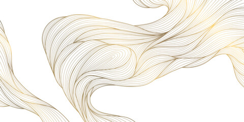 Vector gold line wave background, flow elegant luxury organic pattern. Soft flow dynamic sea graphic, shiny abstract ornament, silk premium wallpaper