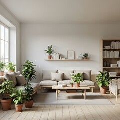 Cozy Scandinavian living room interior with potted plants and bookshelf