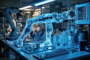 A bionic leg prototype stands prominently on a sleek workstation as robotic arms meticulously assemble intricate parts under bright lab lighting, showcasing cutting-edge technology and design