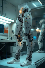 Prototype of a bionic leg is showcased on a sleek workstation, where robotic arms meticulously assemble its delicate parts under bright lab lights reflecting off metallic surfaces
