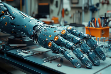 A bionic hand showcases intricate mechanical joints and textures while resting on a lab table. Various tools and equipment are visible in the background, emphasizing its engineering context