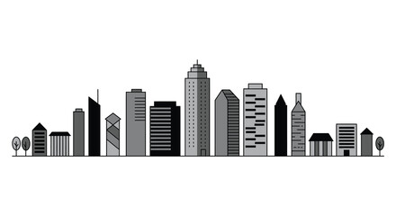 City skyline with various buildings and skyscrapers in black and white