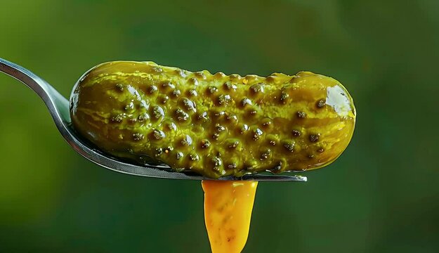 Pickle on fork, green background. Simple healthy eating.