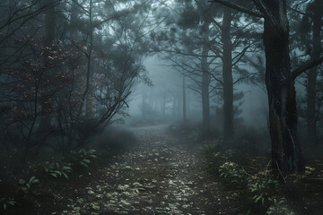 Obraz premium Mystical Foggy Pathway in Forest: Tranquil and Scenic Nature Exploration