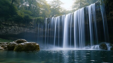 Fototapeta premium Lush Forest Waterfall with Mossy Rocks