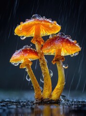 Three glowing orange-red mushrooms in rain