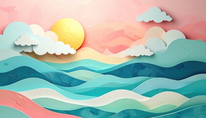 Serene seascape featuring wavy pastel-colored water, a bright yellow sun, and fluffy clouds against a pink and peach sky, stylized paper-cut look