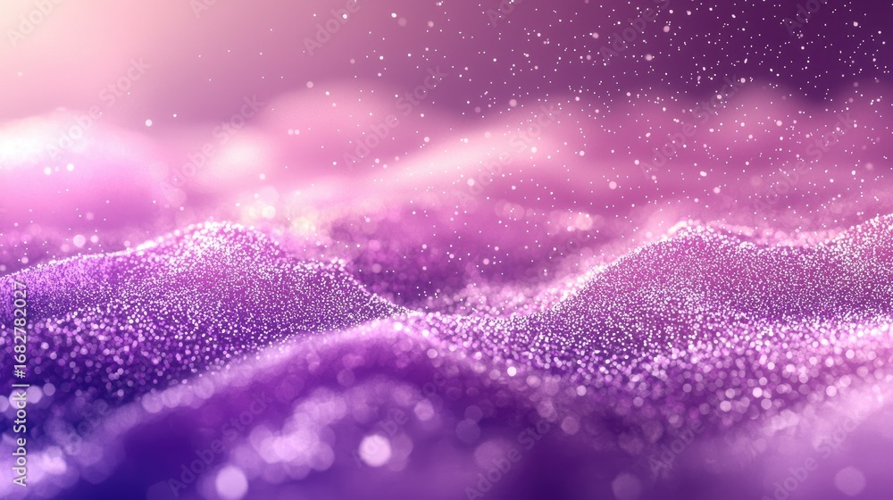 Wall mural purple and pink abstract wave pattern with glittering particles.