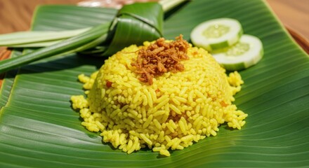 Yellow rice dish on banana leaf