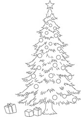 Christmas Tree with Ornaments and Gifts Black and White Vector