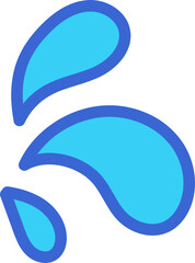 Simple illustration of three stylized water droplets, blue with dark outlines, splashing.