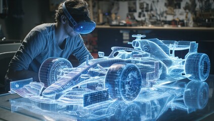 A man wearing VR headset views a digital 3D model of a race car