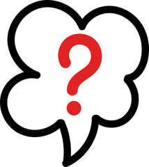 A red question mark symbol inside a black outlined speech bubble, representing a query.
