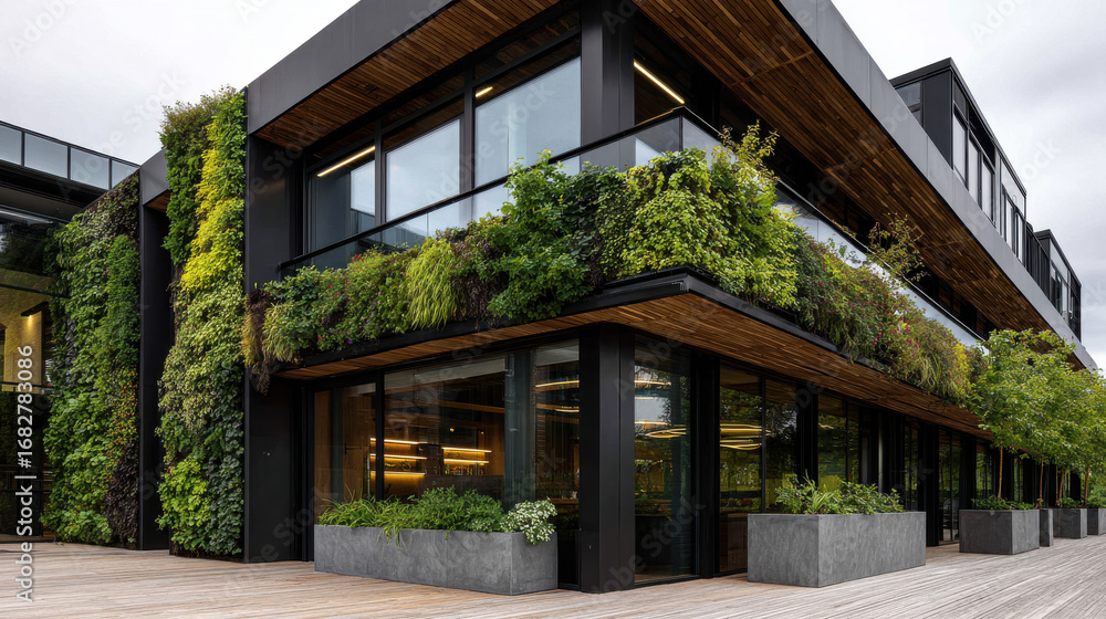 Poster modern eco friendly factory featuring smart design elements and sensor technology, surrounded by lus