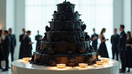 Elaborate black tiered wedding cake with candles at a formal event
