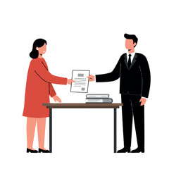 Obraz premium A public servant hands an official document to a citizen in a clean, minimalist 2D flat vector illustration, depicting efficient governmental service and administrative procedures.