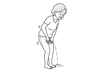 Elderly woman experiencing urinary incontinence distress with visible leakage in simple line art style