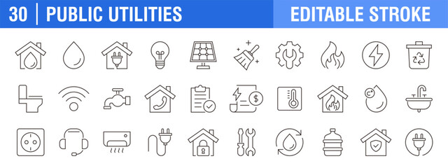 Collection of public utilities icons. Electricity, water, housing, heating, and cooling. Vector design templates, signs, symbols, and editable strokes.