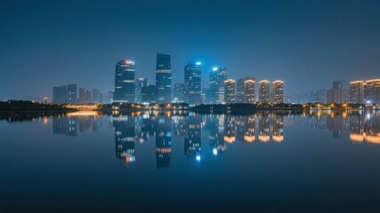 Fototapeta premium Nighttime cityscape with illuminated skyscrapers reflected in calm water