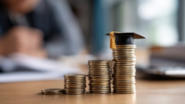 Stacked coins topped with graduation cap