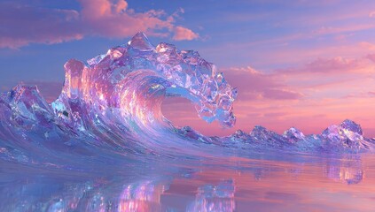 A pastel-hued, crystalline wave crashes against a tranquil sky