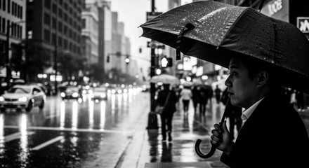 Pensive man under umbrella in city rain, monochrome street scene