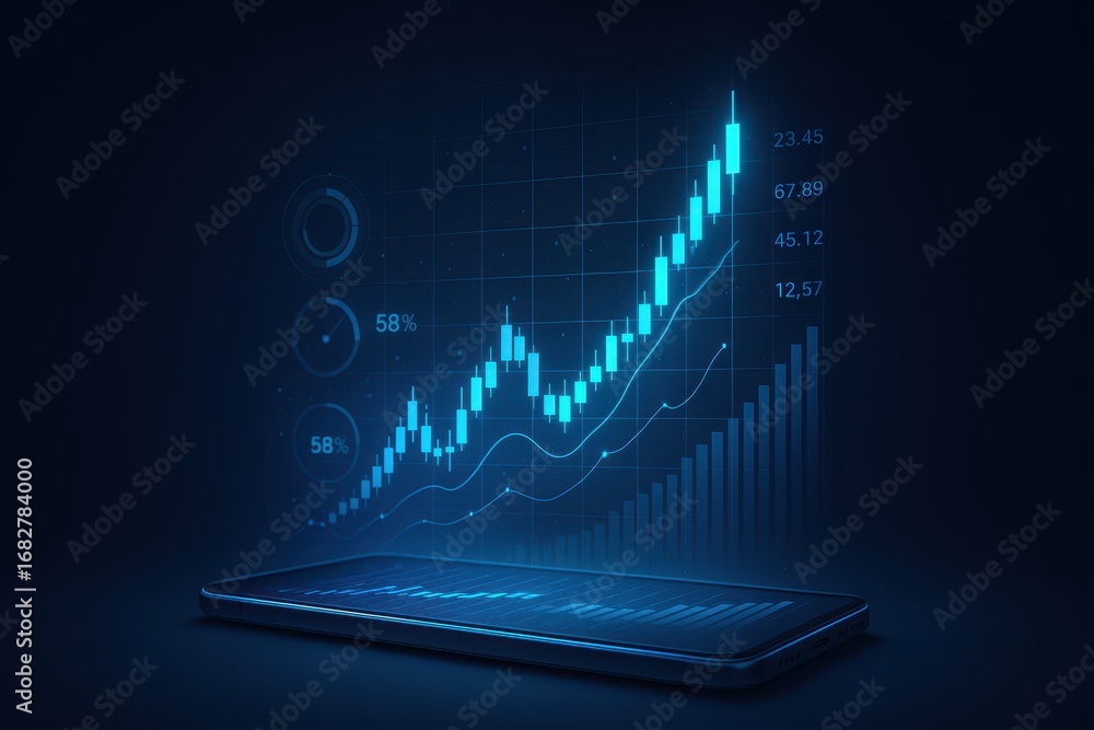 Poster stock market on display: a digital display of a dynamic stock market, where a luminous line graph ri