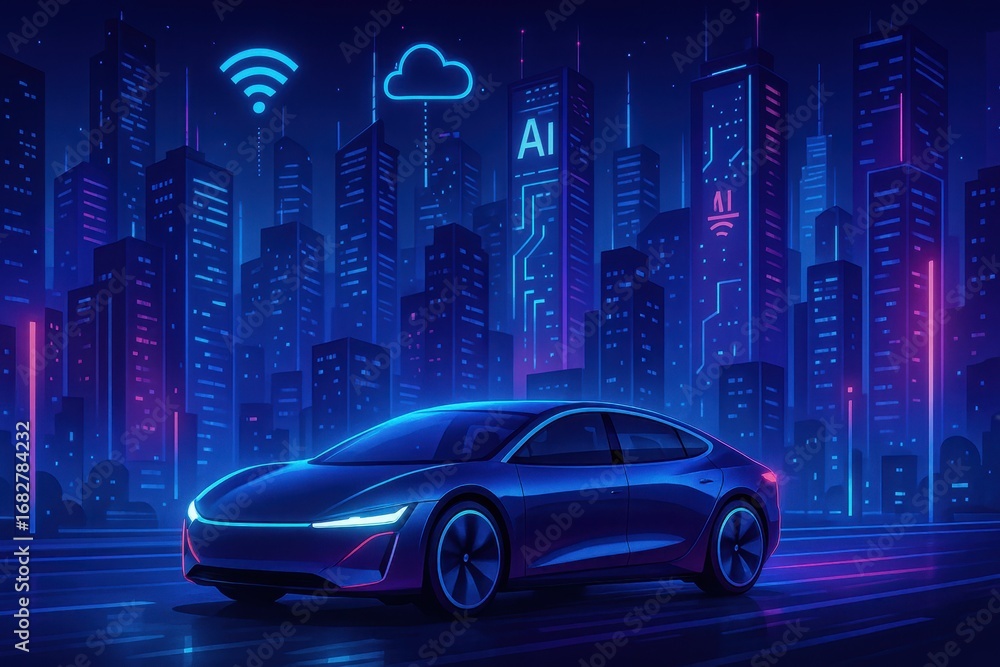 Poster future mobility: electric car with innovative features navigate through a digital metropolis. the sc