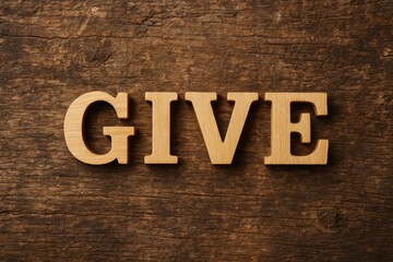 Fototapeta premium Give Message on Wood: The word GIVE carved into individual wooden letters, presented on a warm, rustic wooden background, conveys generosity.