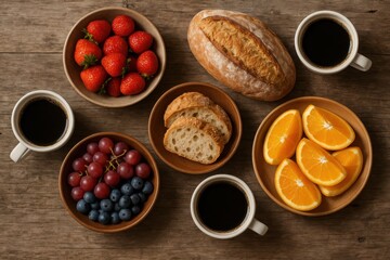 Breakfast Spread: A visually delightful flat lay presents a symphony of colors and flavors, featuring fresh fruit, aromatic coffee, and freshly baked bread, ready to kickstart the day.