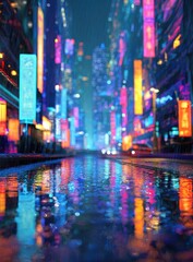 Neon-lit city street at night, reflected in a puddle