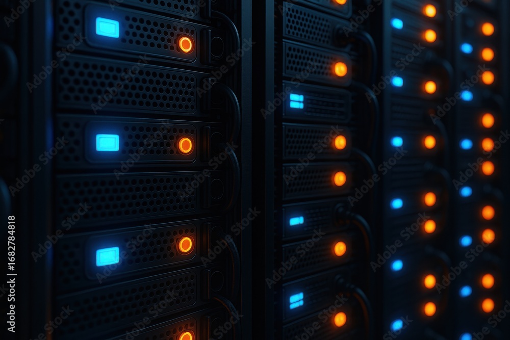 Poster data center server racks: high-tech data server racks glow, evoking the intensity of data transfer, 