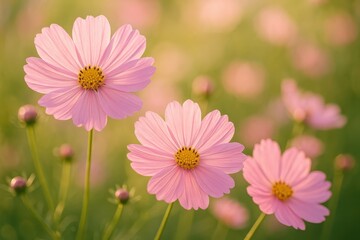 Obraz premium Cosmos Flower's Radiance: Soft pink cosmos flowers bask in the golden light, blooming gracefully, evoking the gentle touch of spring, the air perfumed with nature's own exquisite scent.