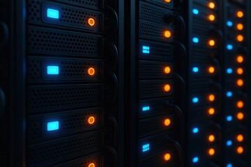 Data Center Server Racks: High-tech data server racks glow, evoking the intensity of data transfer, the digital heartbeat of the modern world.