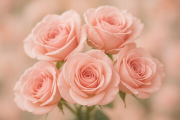 Obraz premium Elegant Rose Ensemble: A close-up shot reveals a captivating cluster of five delicate, blush-toned roses, their velvety petals unfurling in a display of beauty and grace.