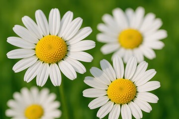 Fototapeta premium Daisy Serenity: A close-up shot of several beautiful daisies in full bloom, their radiant white petals surrounding sunny yellow centers, capturing the essence of natural beauty and serenity.