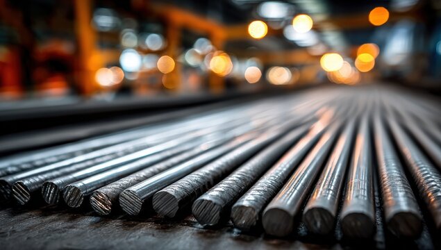 Steel rods on a conveyor.  Industrial setting