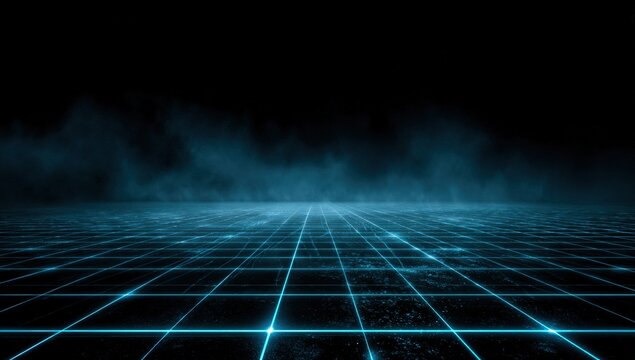 Futuristic grid floor with glowing lines and fog