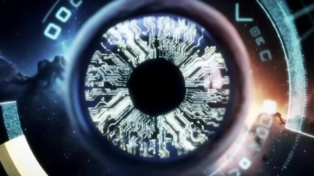 Conceptual illustration of a bionic eye with a digital cornea and circuit board iris on futuristic space and technology backgrounds
